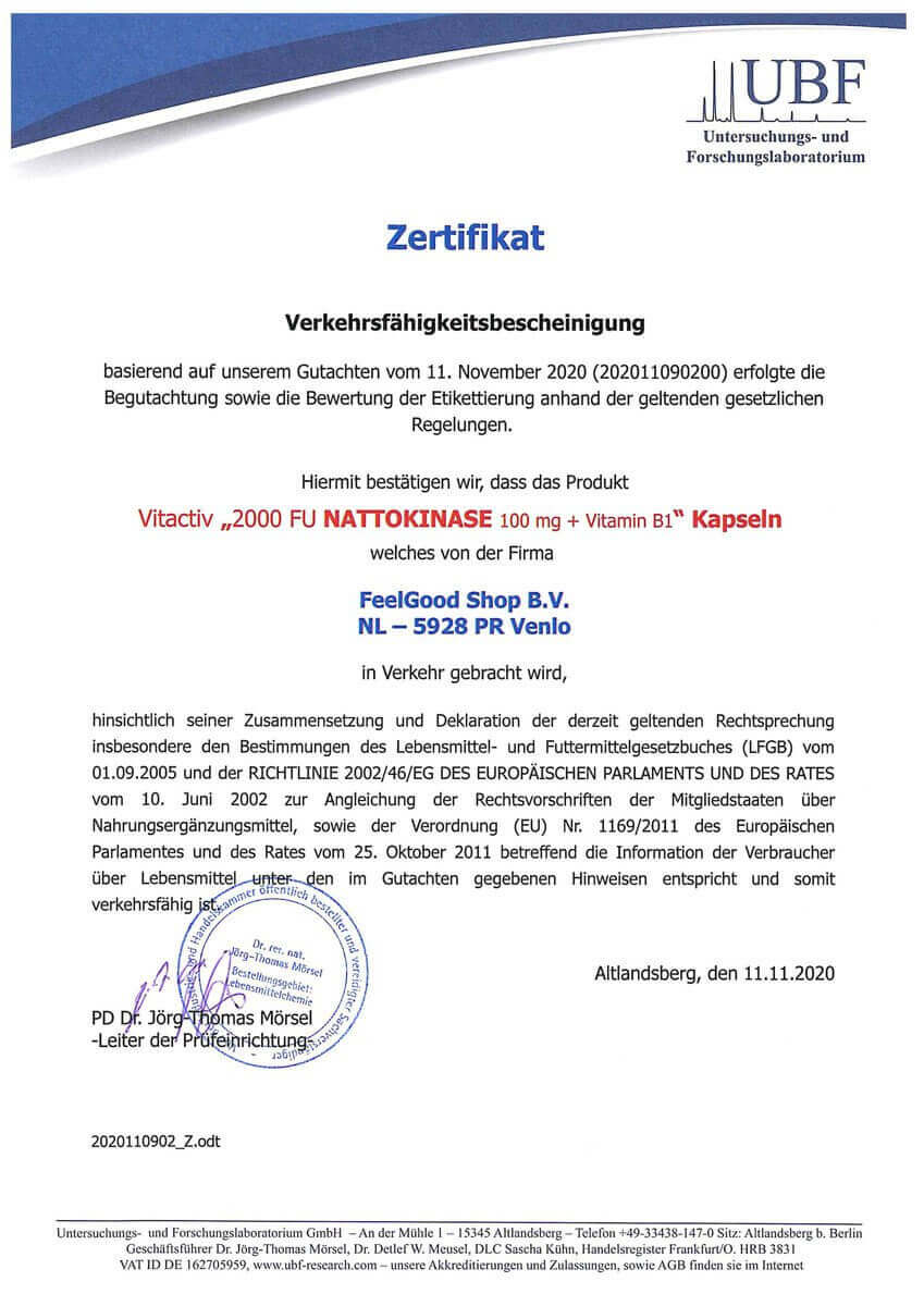 NATTOKINASE 100 mg Zertifikat