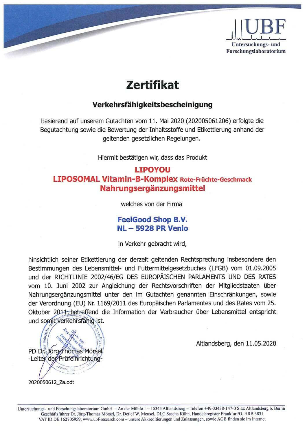 LIPOSOMAL Vitamin-B-Komplex Zertifikat