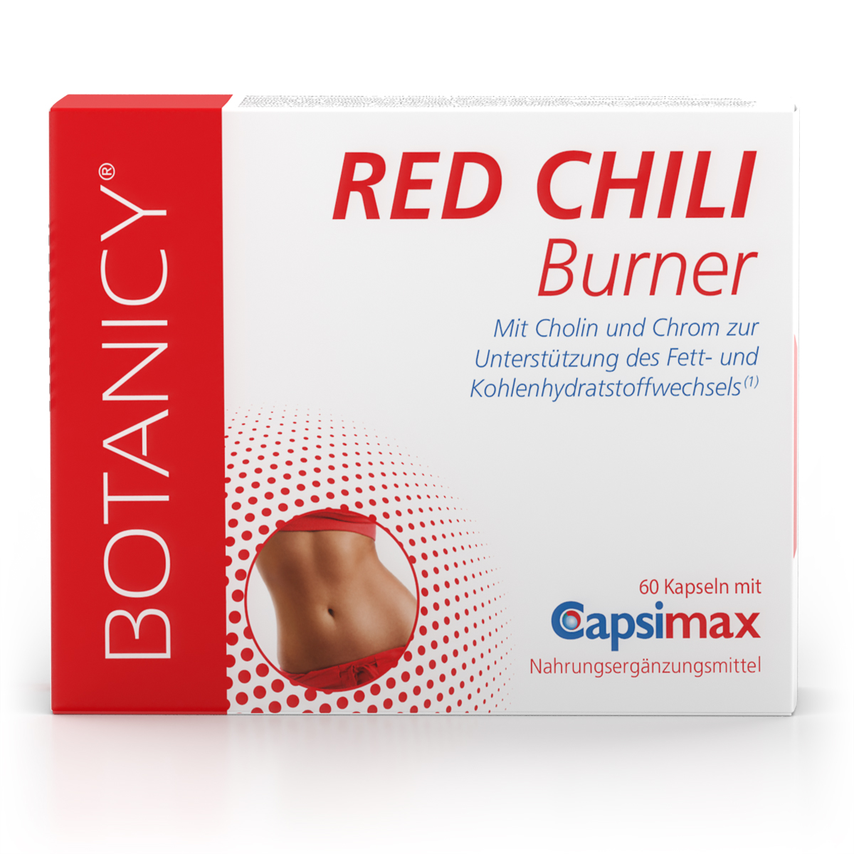 RED CHILI BURNER von der Marke Botanicy. Das Bild zeigt eine rot-weiße Produktpackung. Mit diesen Kapseln, die wertvolles Capsaicin aus rotem Chili enthalten, kannst du deinen Stoffwechsel anregen und die Fettverbrennung fördern. Perfekt für dich geeignet