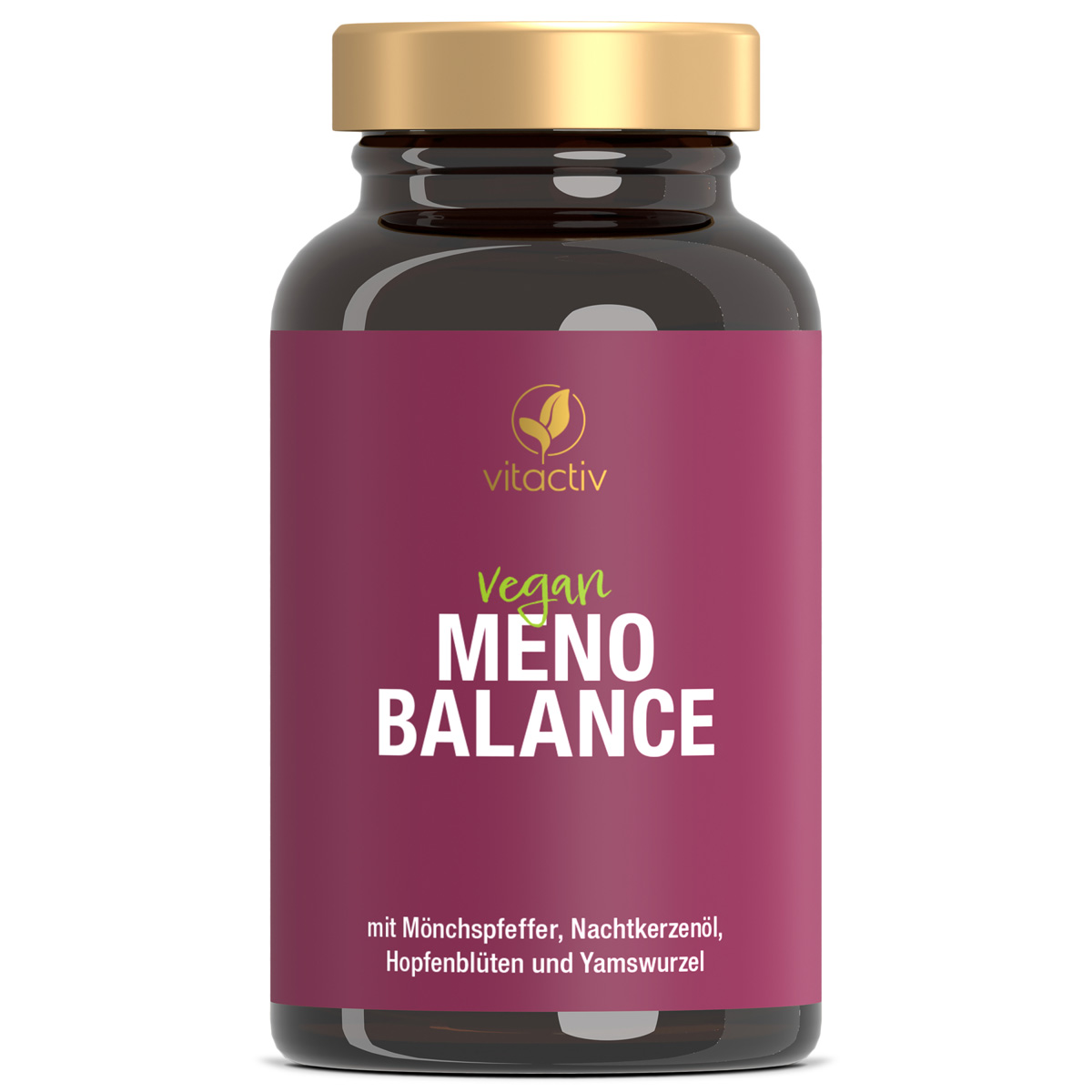 Vitactiv MENO BALANCE – Wechseljahre Kapseln. Das Bild zeigt eine rot-lila Dose, die 60 Kapseln für die Unterstützung in den Wechseljahren enthält.