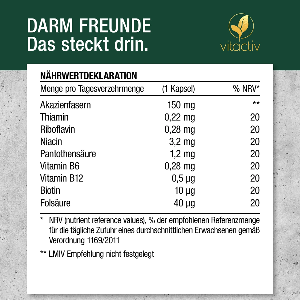 Die DARM FREUNDE Kapseln zur Darmsanierung enthalten folgende Inhaltsstoffe: Akazienfasern, Thiamin, Riboflavin, Niacin, Pantothensäure, Vitamin B6, Vitamin B12, Biotin, Folsäure.