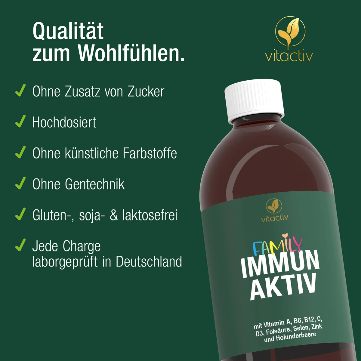 Qualität zum Wohlfühlen! Das Mikronährstoffkonzentrat FAMILY IMMUN AKTIV enthält hochdosierte Mikronährstoffe zur optimalen Versorgung. Der Immunsaft kommt ohne Zuckerzusatz, künstliche Farbstoffe und Gentechnik aus. Jede Charge ist laborgeprüft.