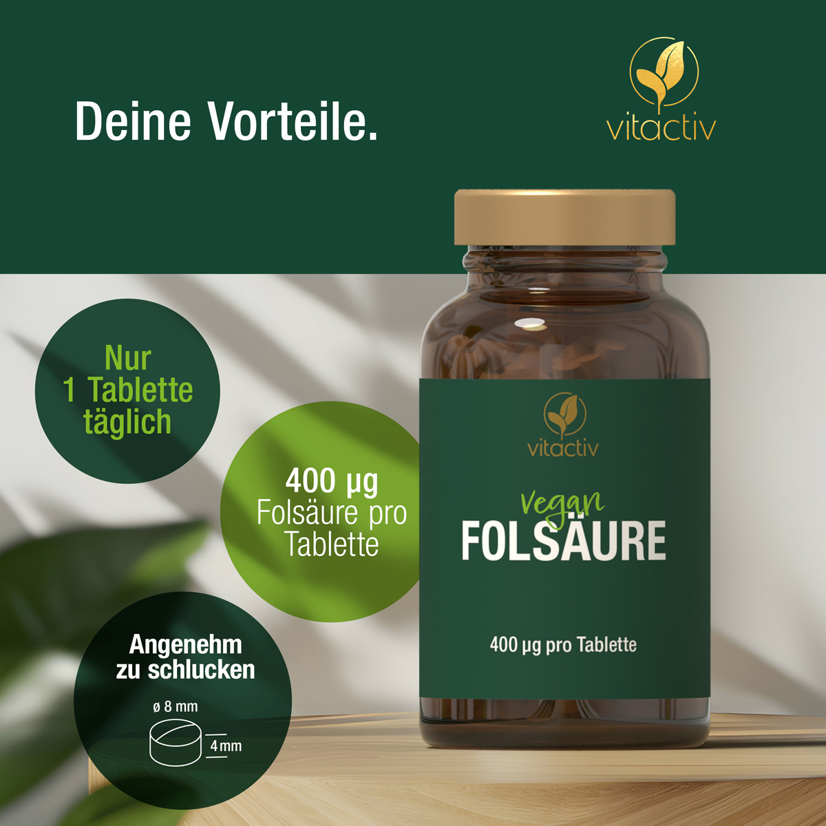 Vorteile der Vitactiv Folsäure Tabletten: 400 Mikrogramm Folsäure pro Tablette. Und du musst nur eine Tablette pro Tag einnehmen.
