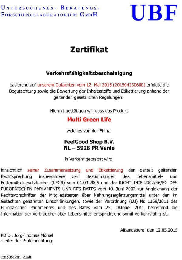 MULTI GREEN LIFE - Vitamine & Mineralien Zertifikat