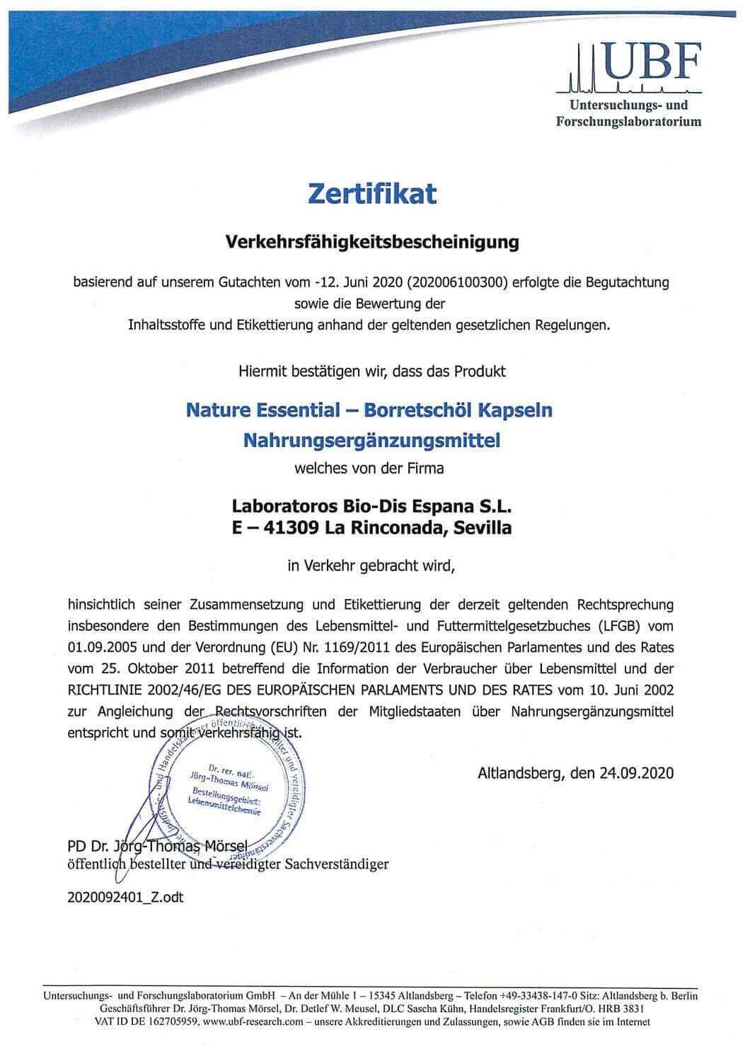 BORRETSCHÖL 1000 + Vitamin E Zertifikat