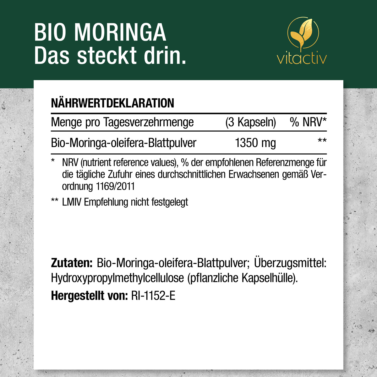 Capsule di Moringa ad alto dosaggio di qualità biologica certificata. Senza ingegneria genetica, senza additivi artificiali, senza stearato di magnesio. Ogni lotto del prodotto è testato in laboratorio in Germania.
