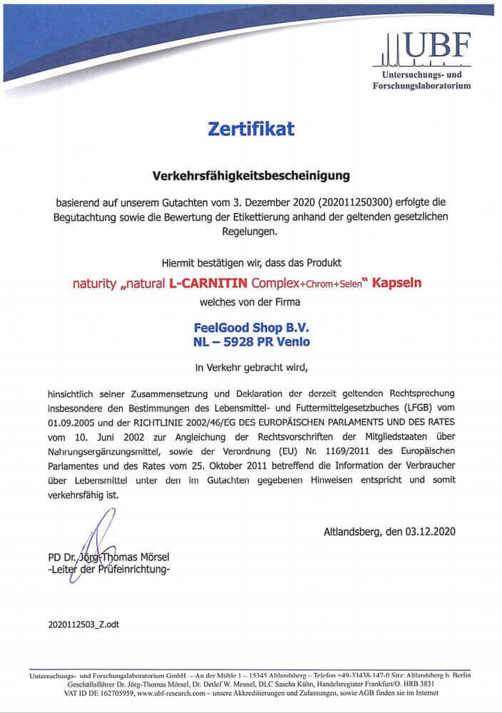 L-CARNITIN Complex Zertifikat