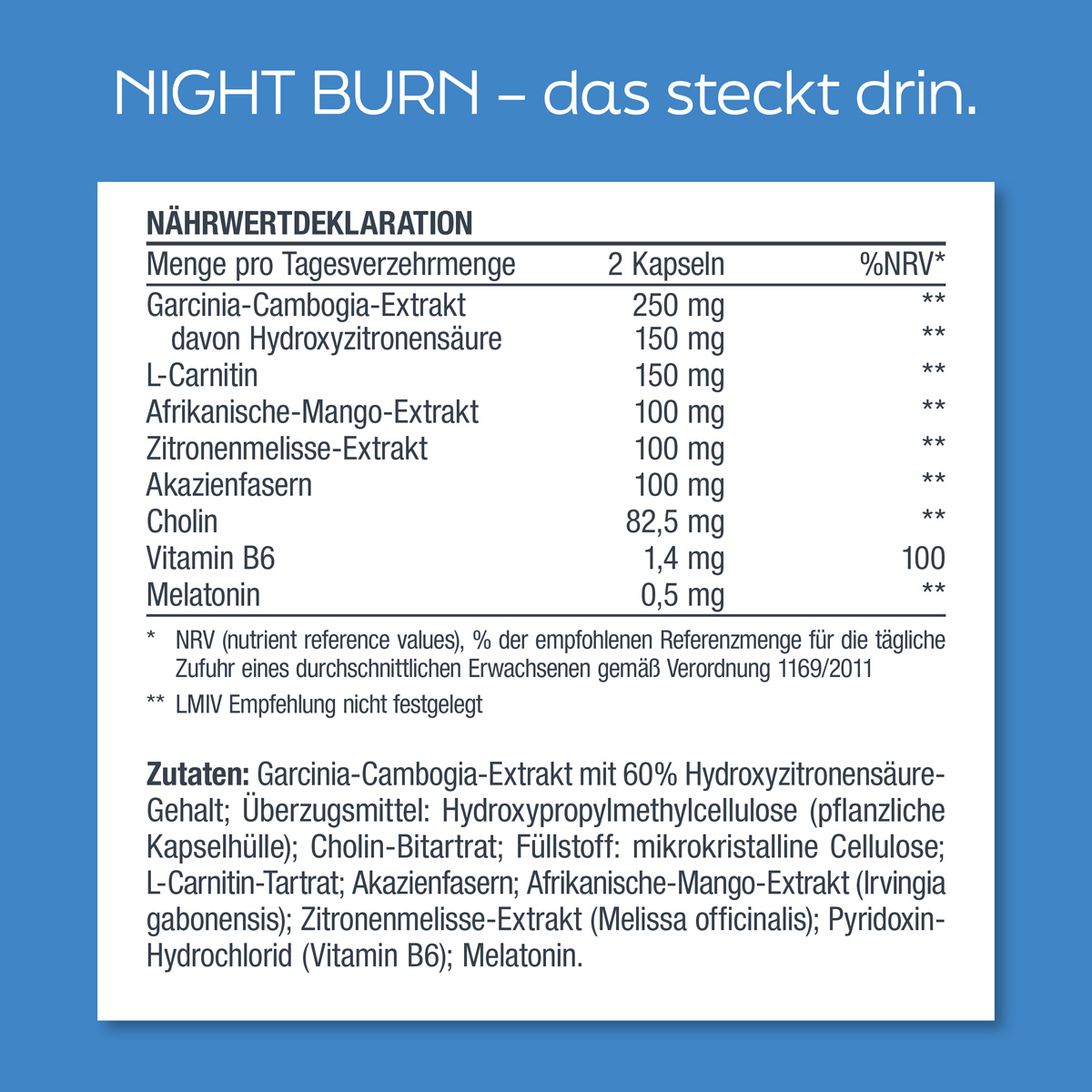 Inhaltsstoffe: Garcinia-Cambogia-Extrakt (60% HCA), L-Carnitin, Afrikanische-Mango-Extrakt, Zitronenmelisse-Extrakt, Akazienfasern, Cholin, Vitamin B6 und Melatonin.