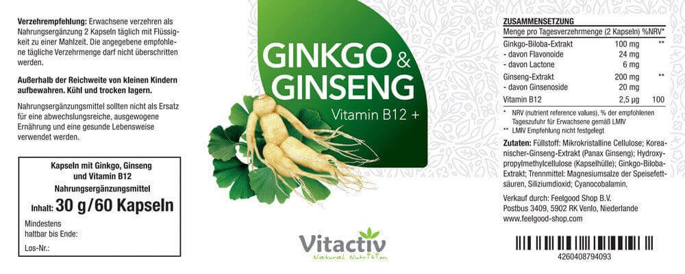 GINKGO + GINSENG + B12 Etikett