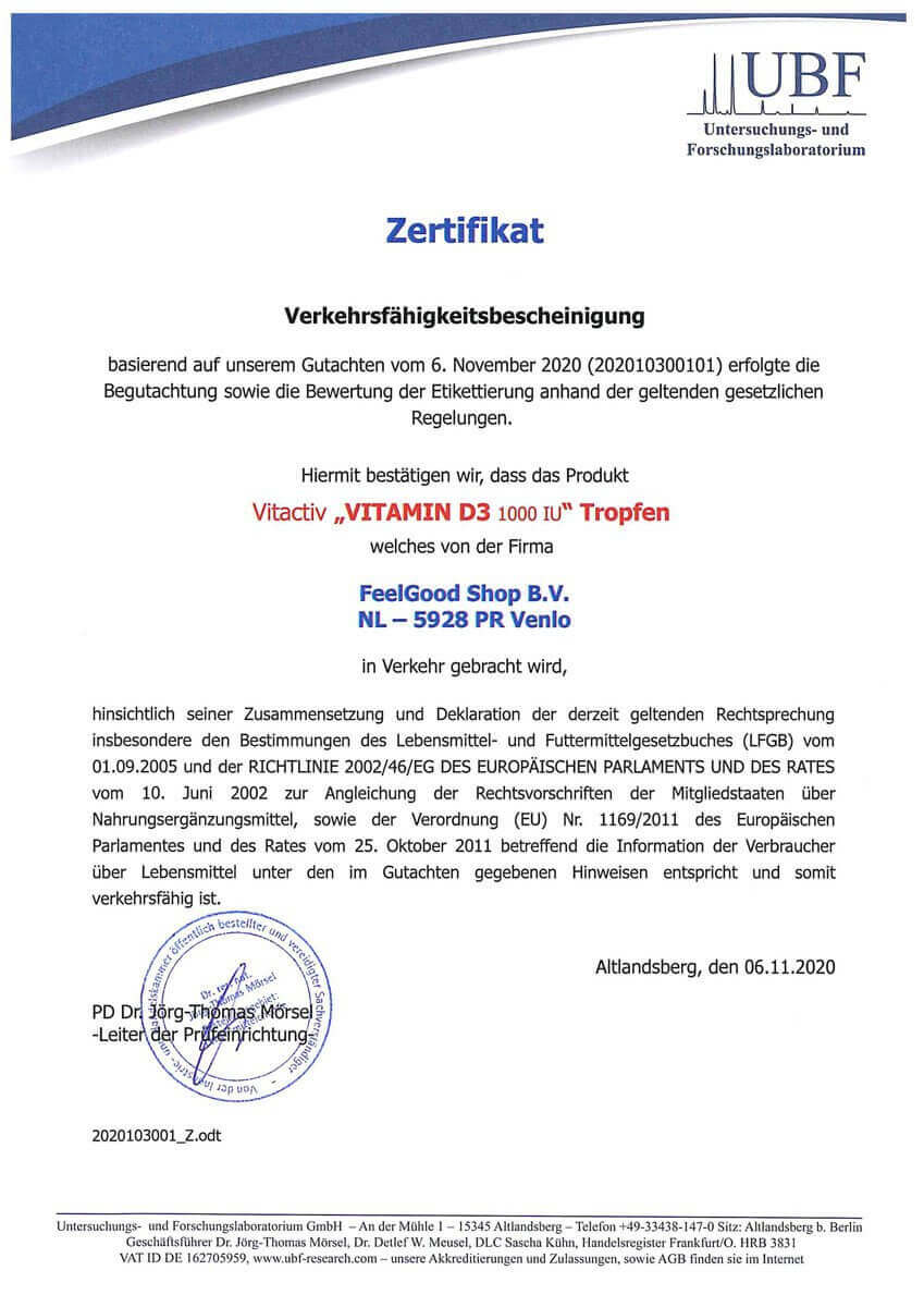 VITAMIN D3 1000 IU TROPFEN Zertifikat