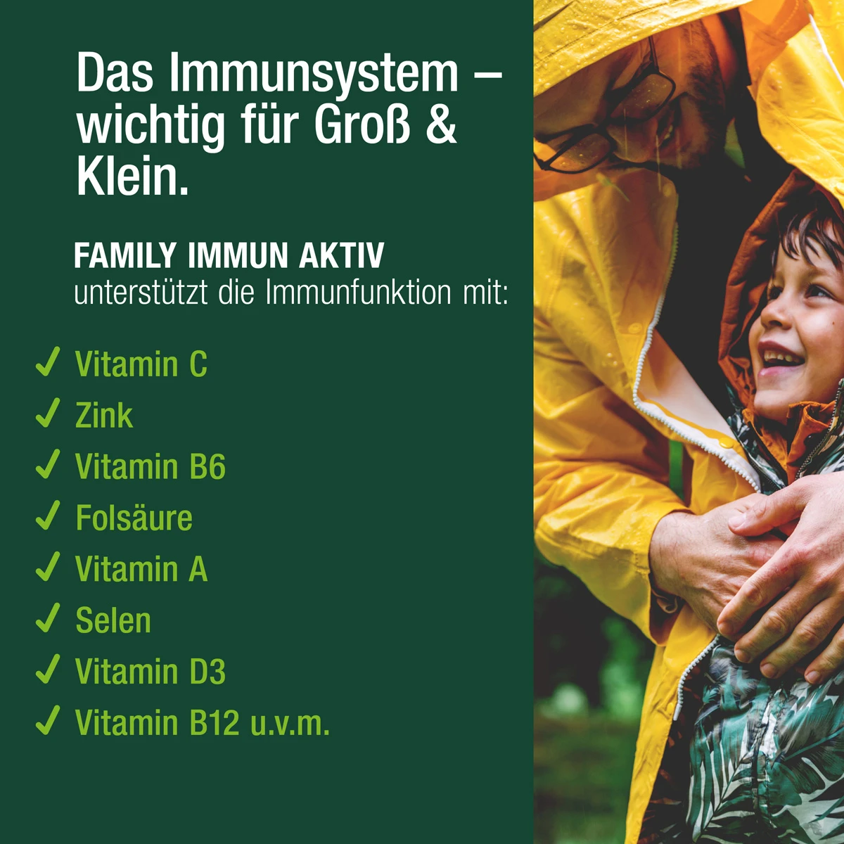 Das Immunsystem ist wichtig für Groß und Klein. Der konzentrierte FAMILY IMMUN AKTIV Saft von Vitactiv unterstützt die Immunfunktion mit Vitamin C, B6, B9, B12, A, D3, Zink, Selen und vielem mehr. Das Bild zeigt einen Vater und seinen Sohn im Regen.