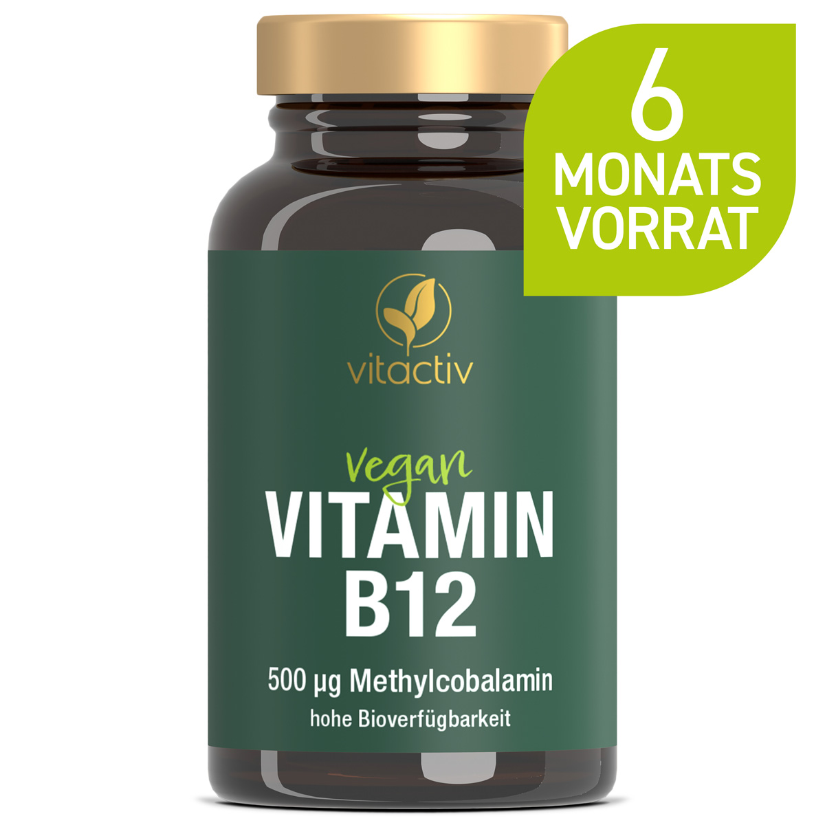 Eine grüne Dose VITAMIN B12 Tabletten der Marke Vitactiv. Eine Dose enthält 180 hochdosierte Tabletten mit 500 Mikrogramm B12 pro Stück.