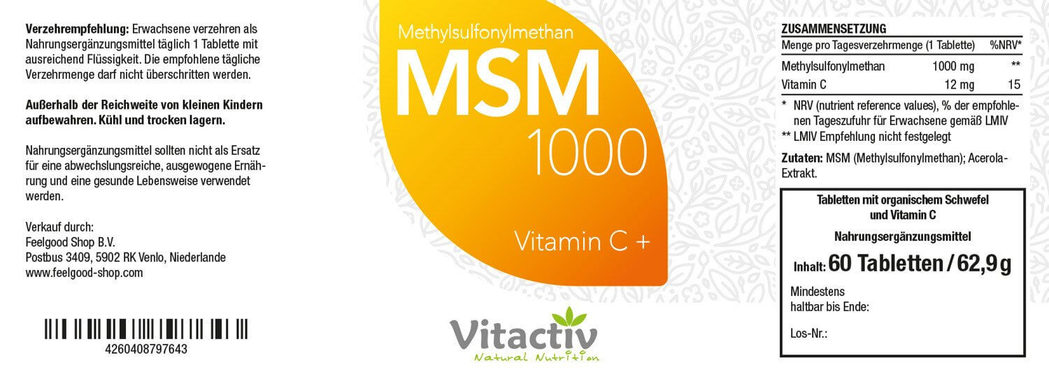 MSM 1000 + Vitamin C Etikett