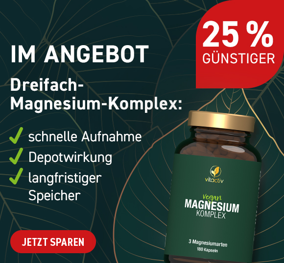 MAGNESIUM KOMPLEX von Vitactiv gibt es nun bei uns zeitlich befristet um 25 % reduziert. Hol dir jetzt den Dreifach-Magnesium-Komplex mit drei hochwertigen Magnesium-Arten. Schnelle Aufnahme im Körper mit langfristiger Depotwirkung. Jetzt sparen!