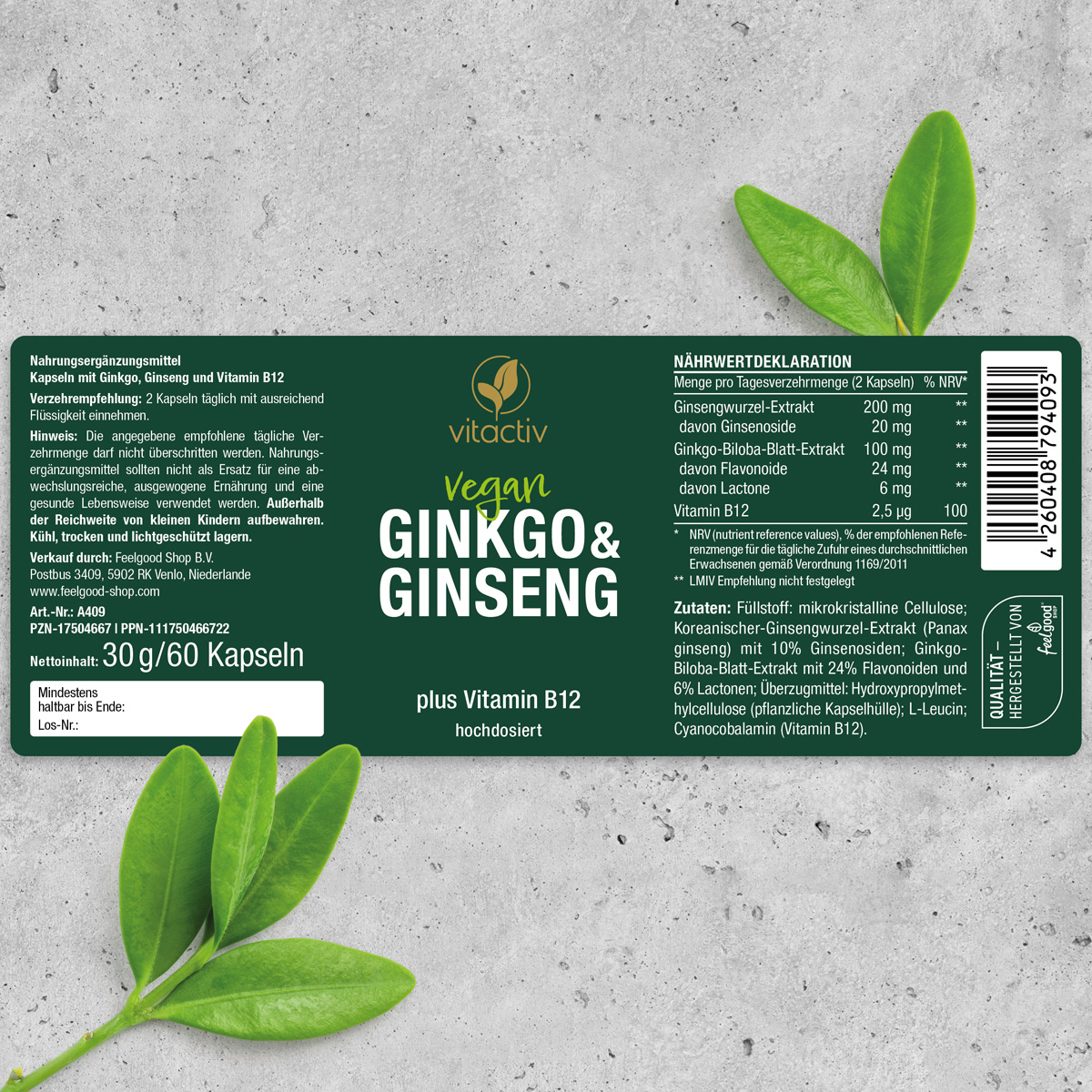Füllstoff: mikrokristalline Cellulose; Koreanischer-Ginsengwurzel-Extrakt (Panaxginseng) mit 10% Ginsenosiden; Ginkgo-Biloba-Blatt-Extrakt mit 24% Flavonoiden und 6% Lactonen: Überzugmittel: Hydroxypropylmethylcellulose; L-Leucin; Cyanocobalamin.