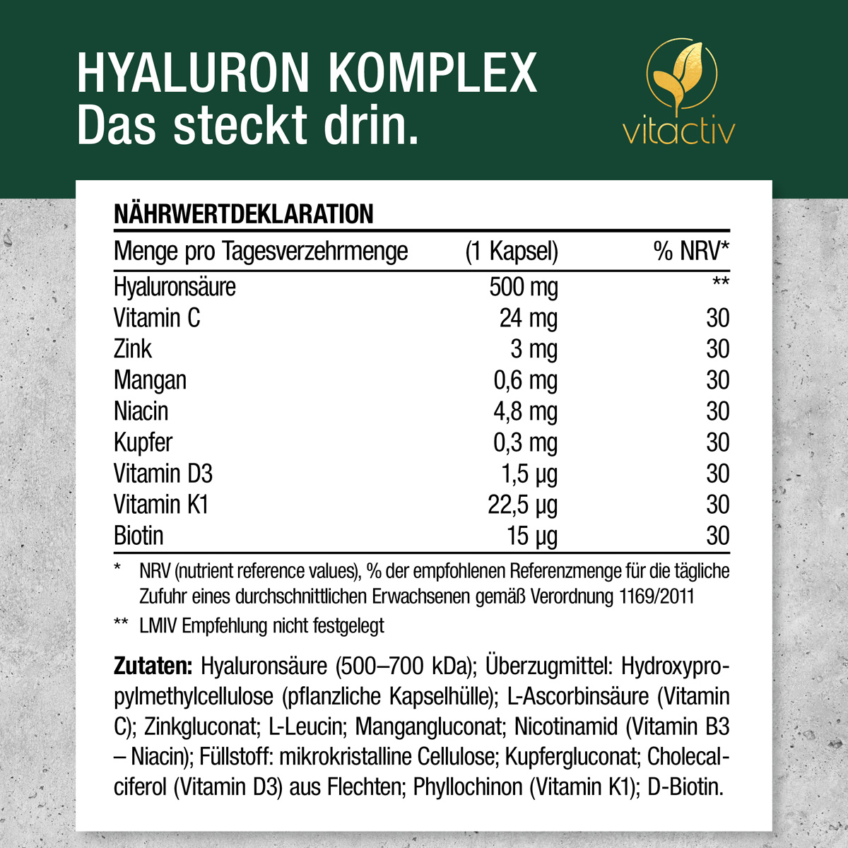 Hyaluronsäure (500-700 kDa); L-Ascorbinsäure; Zinkgluconat; L-Leucin; Mangangluconat; Nicotinamid (Niacin); Füllstoff: mikrokristalline Cellulose; Kupfergluconat; Cholecalciferol (Vitamin D3) aus Flechten; Phyllochinon (Vitamin K1); D-Biotin.