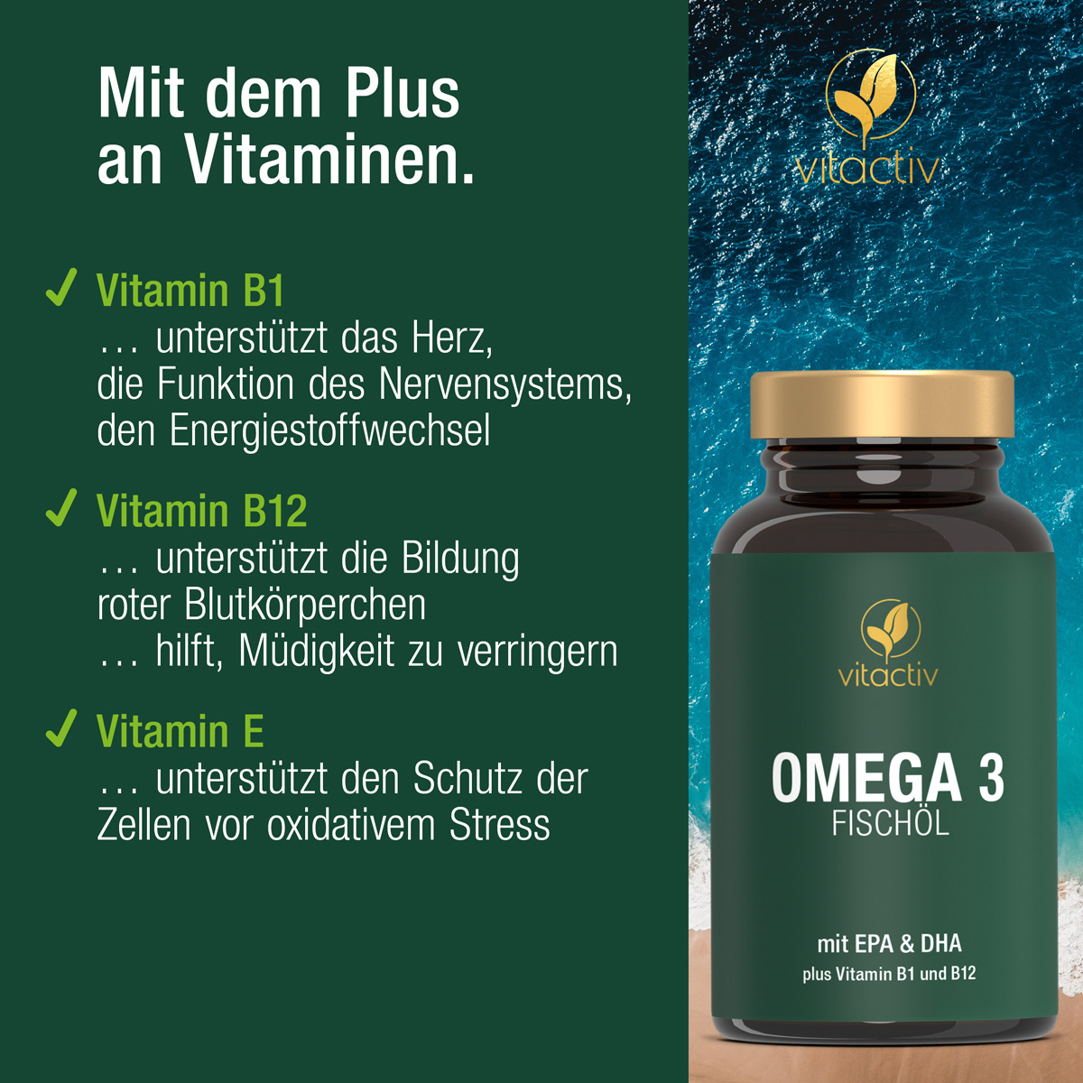 Eine junge Frau hält eine OMEGA 3 FISCHÖL Kapsel von Vitactiv in der rechten Hand, in der linken ein Glas Wasser. Verzehrempfehlung: Eine Kapsel täglich mit ausreichend Flüssigkeit einnehmen.