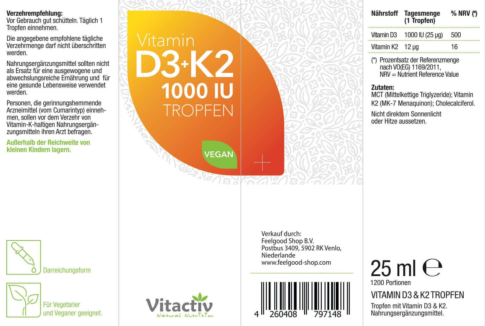 VITAMIN D3 + K2 1000 IU TROPFEN Etikett