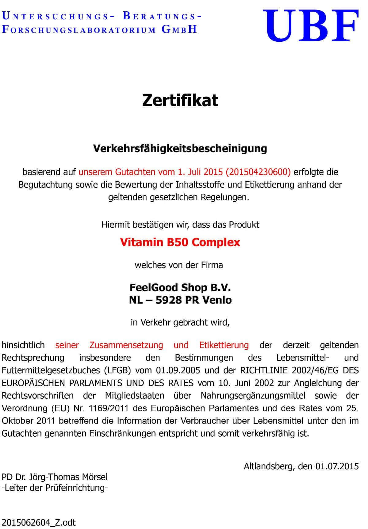 Vitamin B50 Complex Zertifikat
