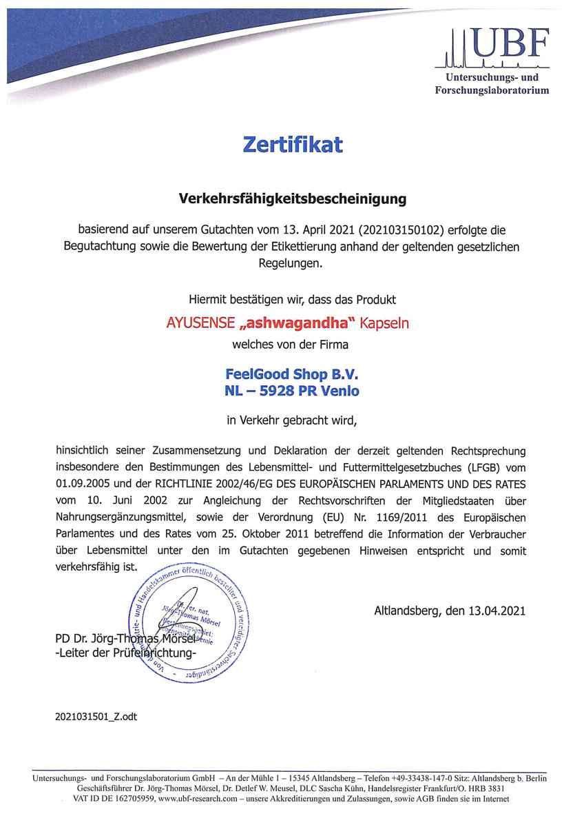 ASHWAGANDA Zertifikat