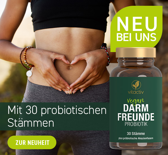 Neues Nahrungsergänzungsmittel im Feelgood Shop: DARM FREUNDE Probiotika Kapseln – mit 30 probiotischen Bakterienstämmen. Jetzt anschauen und kaufen! Das Bild zeigt eine Frau, die mit den Händen ein Herz vor ihrem Bauch formt. Daneben das Produkt.