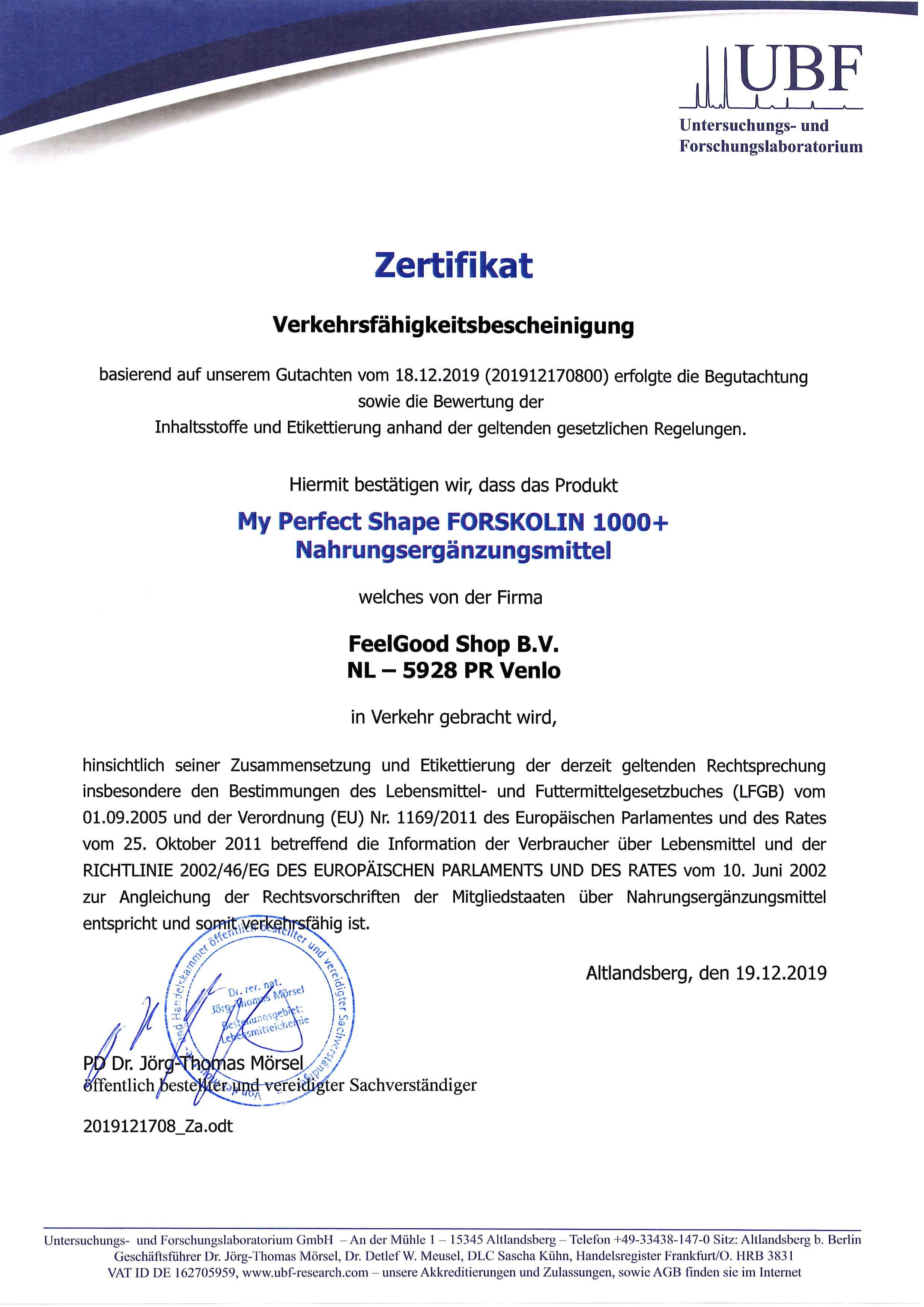 FORSKOLIN 1000+ Zertifikat