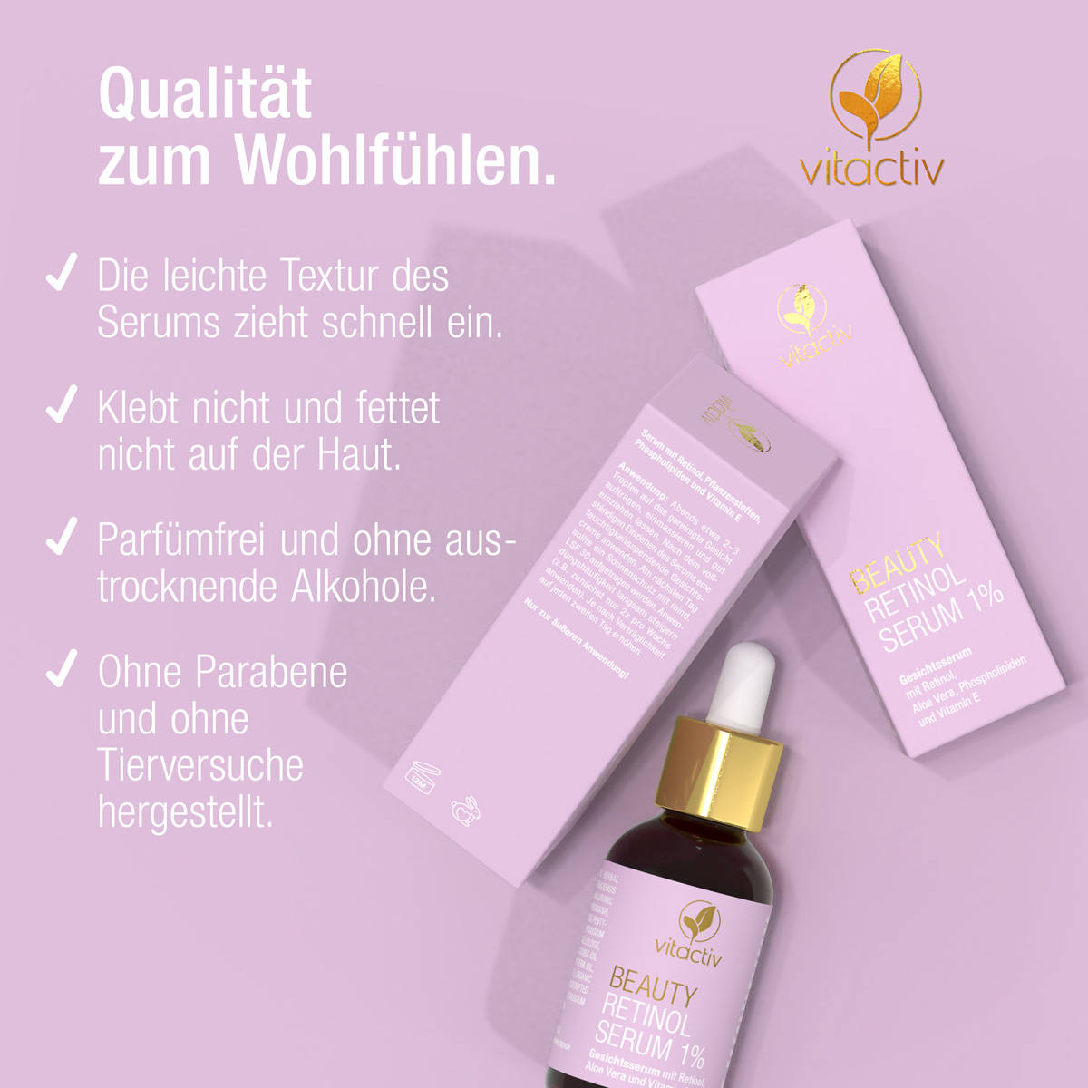 Qualität zum Wohlfühlen. Die leichte Textur des Serums zieht schnell ein. Klebt und fettet nicht auf der Haut. Parfümfrei und ohne austrocknende Alkohole. Ohne Parabene und Tierversuche hergestellt.