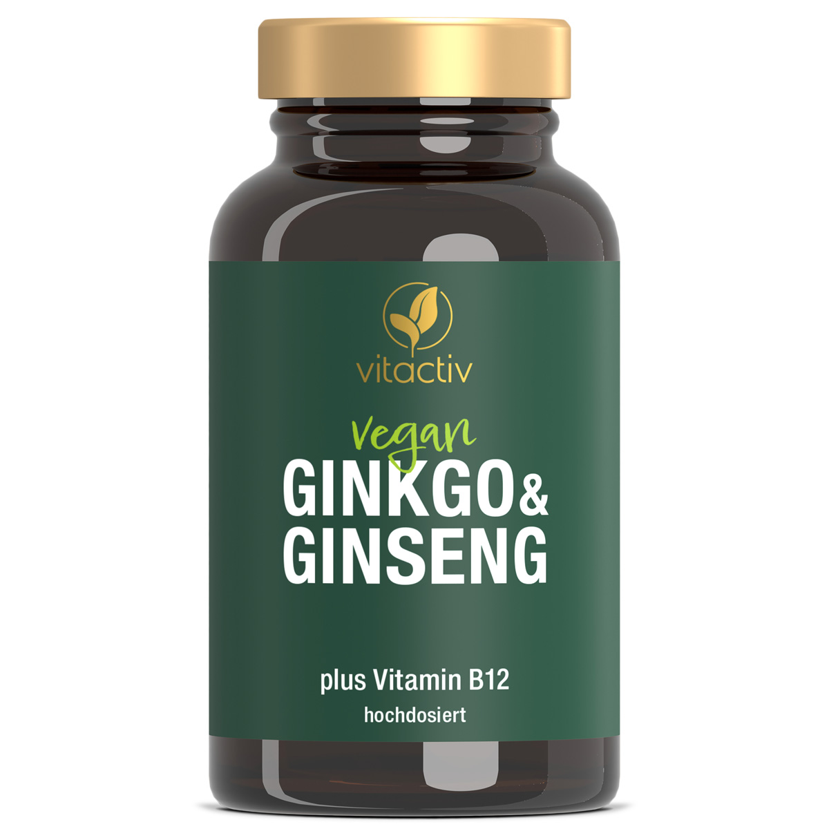 Eine grüne Dose GINKGO & GINSENG Kapseln der Marke Vitactiv. Das Produkt enthält zudem wertvolles Vitamin B12. 60 Kapseln für 30 Tage.