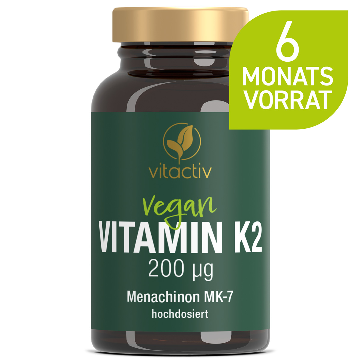 Eine grüne Dose VITAMIN K2 Tabletten 200 µg der Marke Vitactiv. Die Dose enthält 180 K2 Tabletten und reicht für 180 Tage.