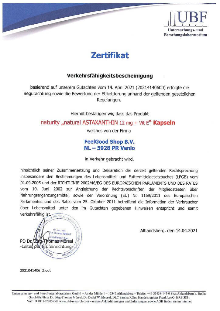 ASTAXANTHIN 12 mg & Vitamin E Zertifikat