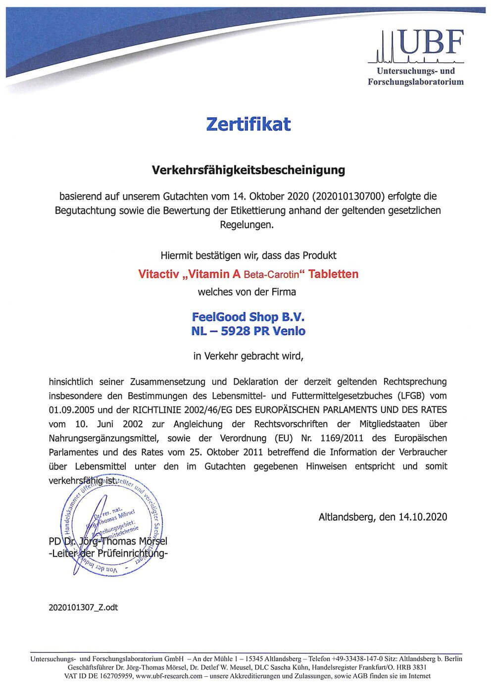 VITAMIN A 1500 µg Zertifikat