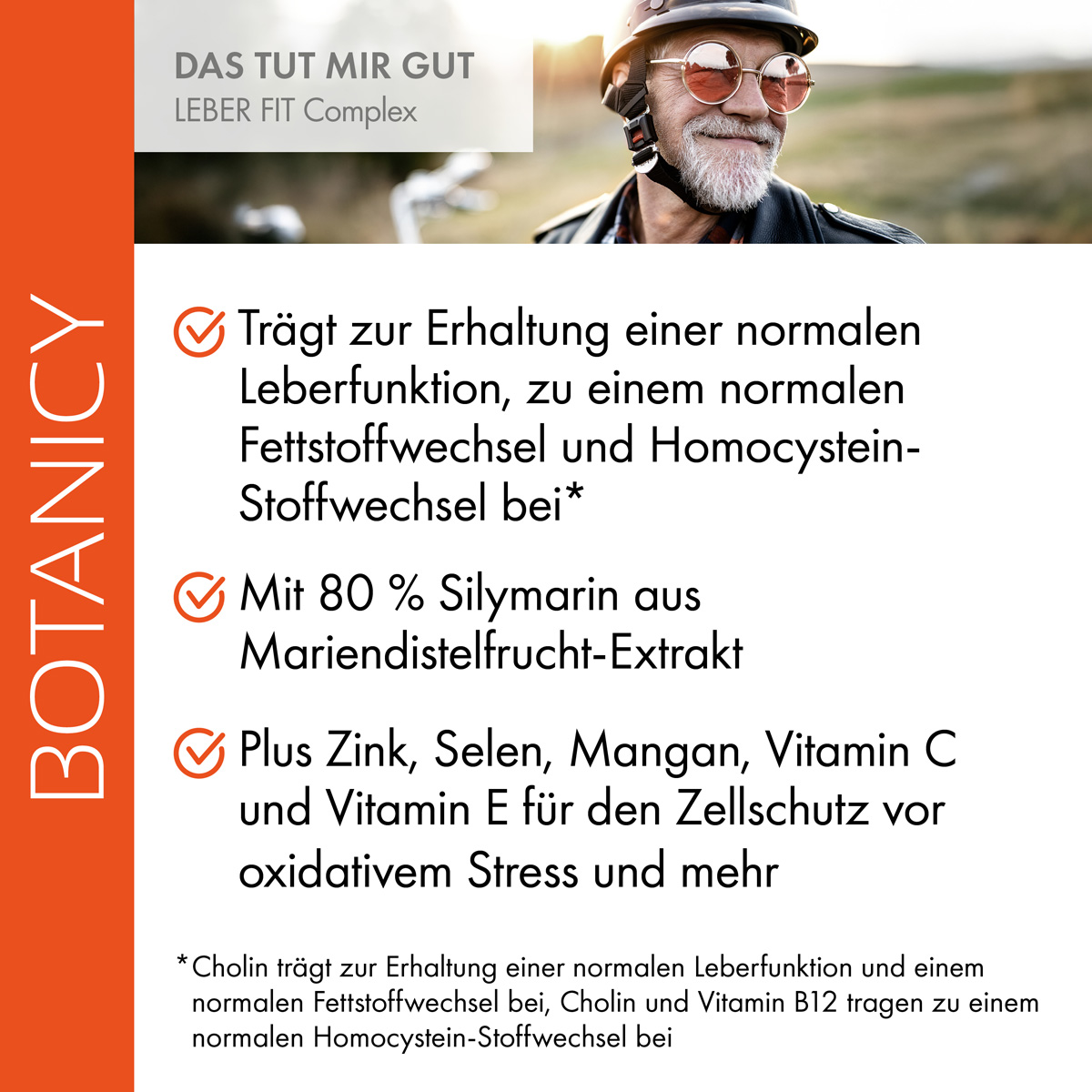 Ein lächelnder Mann im Bikeroutfit (ca. 50 Jahre). LEBER FIT von Botanicy trägt zur Erhaltung einer normalen Leberfunktion, zu einem normalen Fettstoffwechsel und Homocysteinstoffwechsel bei. 80 % Sylimarin aus Mariendistel. Plus weitere Nährstoffe.
