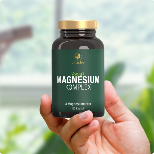 Eine Hand hält eine grüne Dose MAGNESIUM KOMPLEX Kapseln von Vitactiv. Im Hintergrund sind verschwommen ein paar grüne Pflanzen und ein Fenster zu sehen.