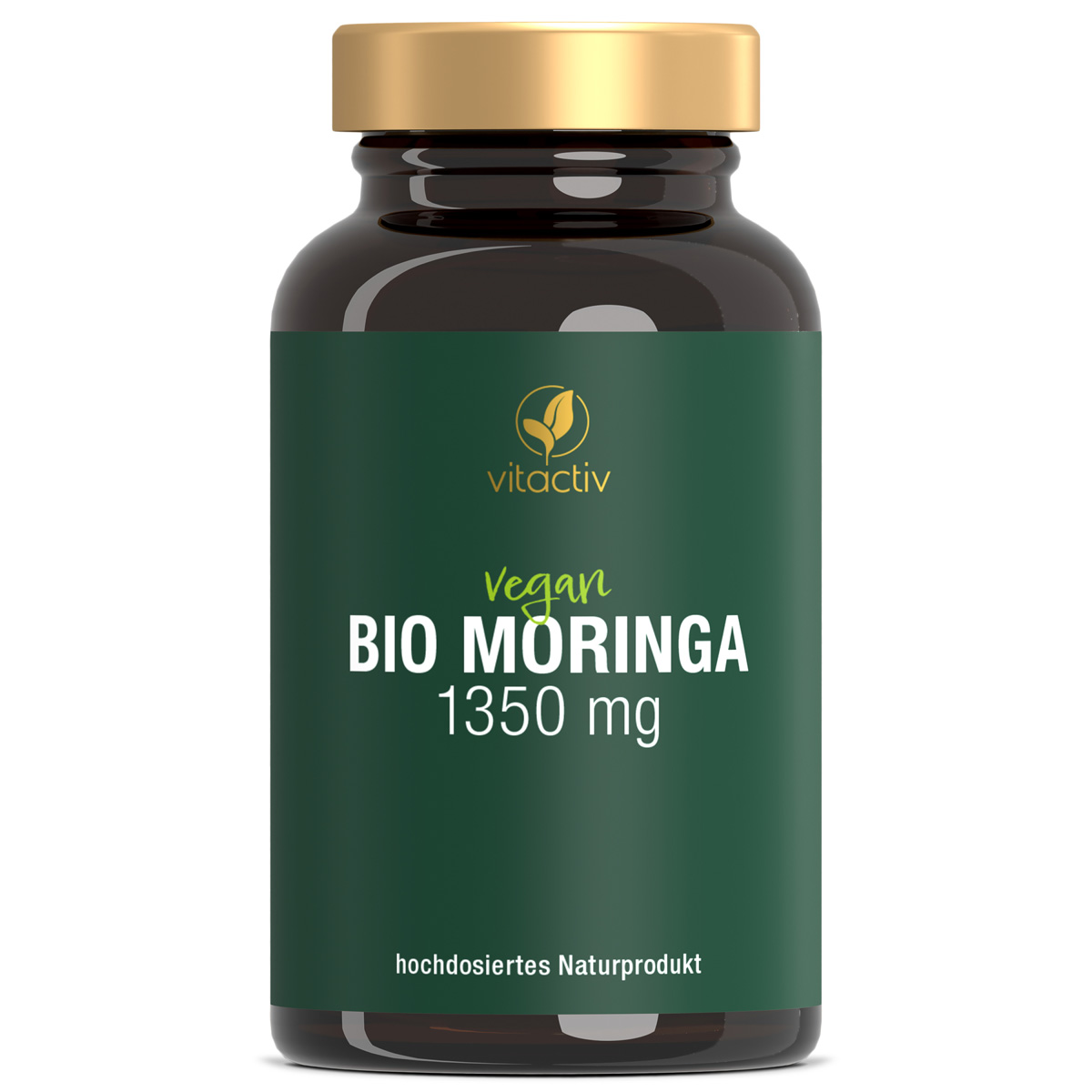 Eine grüne Dose BIO MORINGA 1350 mg der Marke Vitactiv. Die Dose enthält 90 Kapseln für 30 Tage.