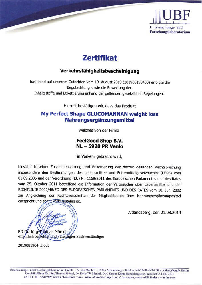 GLUCOMANNAN 3000 weight loss Zertifikat