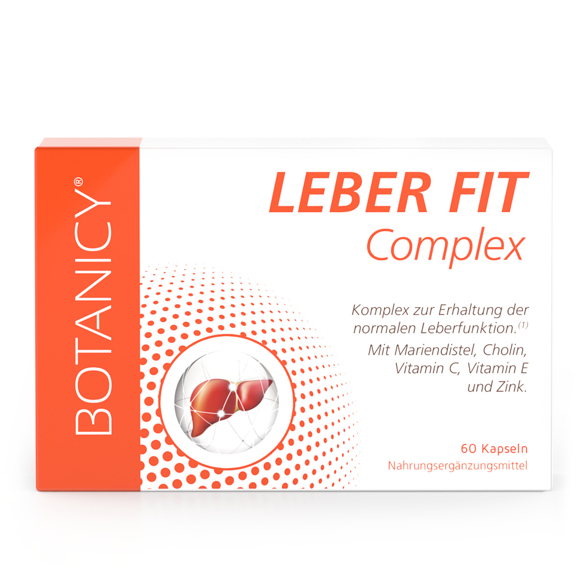 Eine Packung LEBER FIT Complex Kapseln der Marke Botanicy. Eine Packung enthält 60 Kapseln und reicht für 30 Tage.