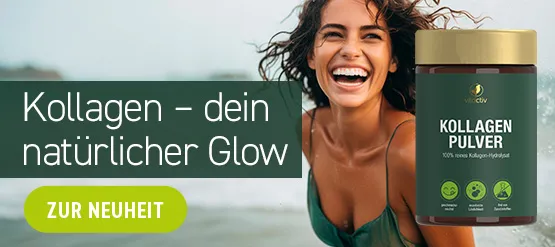 Eine neue Nahrungsergänzung bei uns im Feelgood-Shop! Entdecke das KOLLAGEN PULVER von Vitactiv und bewahre den natürlich schönen Glow deiner Haut! Das Bildmotiv zeigt eine hübsche Frau, die glücklich lacht.