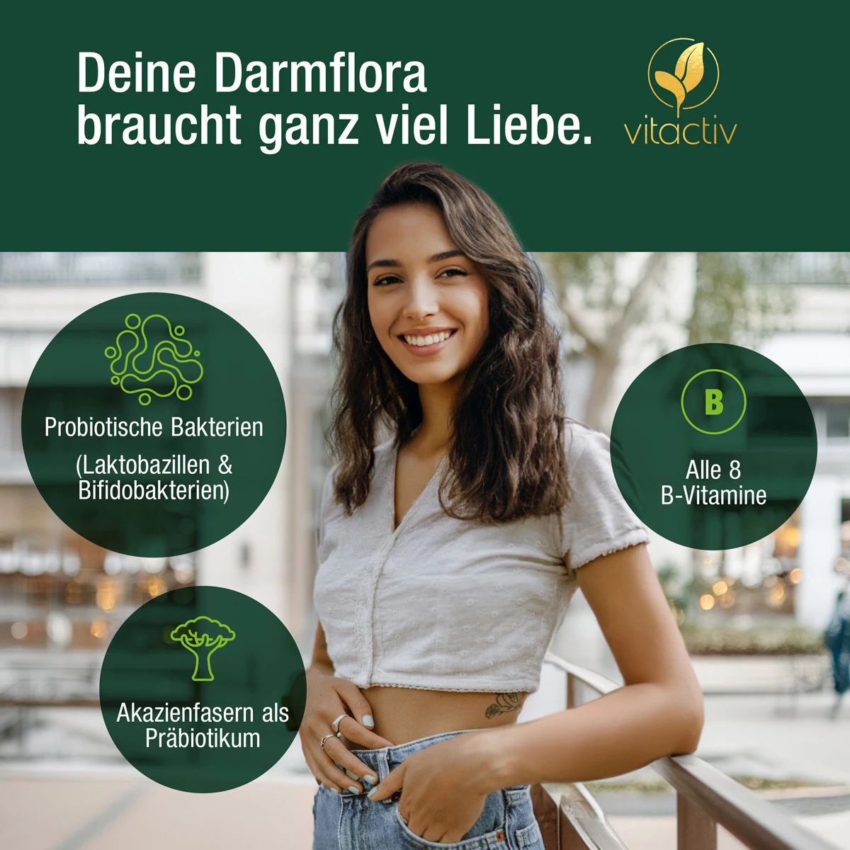 Deine Darmflora braucht viel Liebe. Und diese Liebe kannst du deinem Darm mit den Probiotika Kapseln DARM FREUNDE zukommen lassen. Das Nahrungsergänzungsmittel enthält 30 probiotische Bakterienstämme, Akazienfasern als Präbiotikum und 8 B-Vitamine.