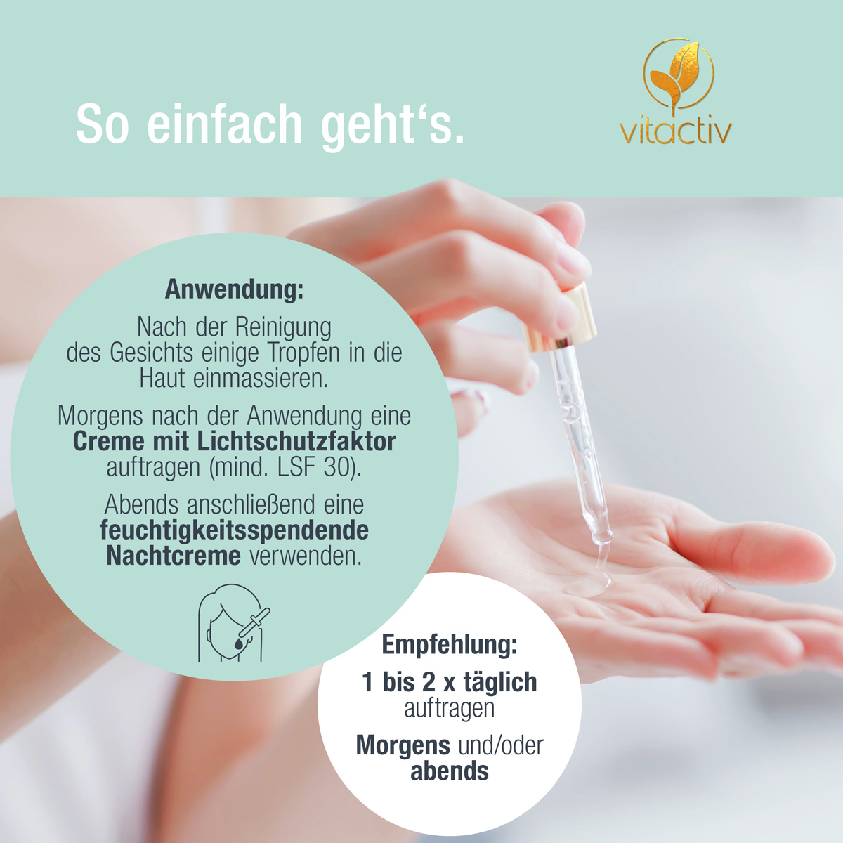 Anwendung: 1-2 mal täglich. Nach der Gesichtsreinigung einige Tropfen Niacinamide Serum in die Haut einmassieren. Morgens nach der Anwendung eine Creme mit Lichtschutzfaktor 30 oder mehr auftragen. Abends eine feuchtigkeitsspendende Nachtcreme verwenden.