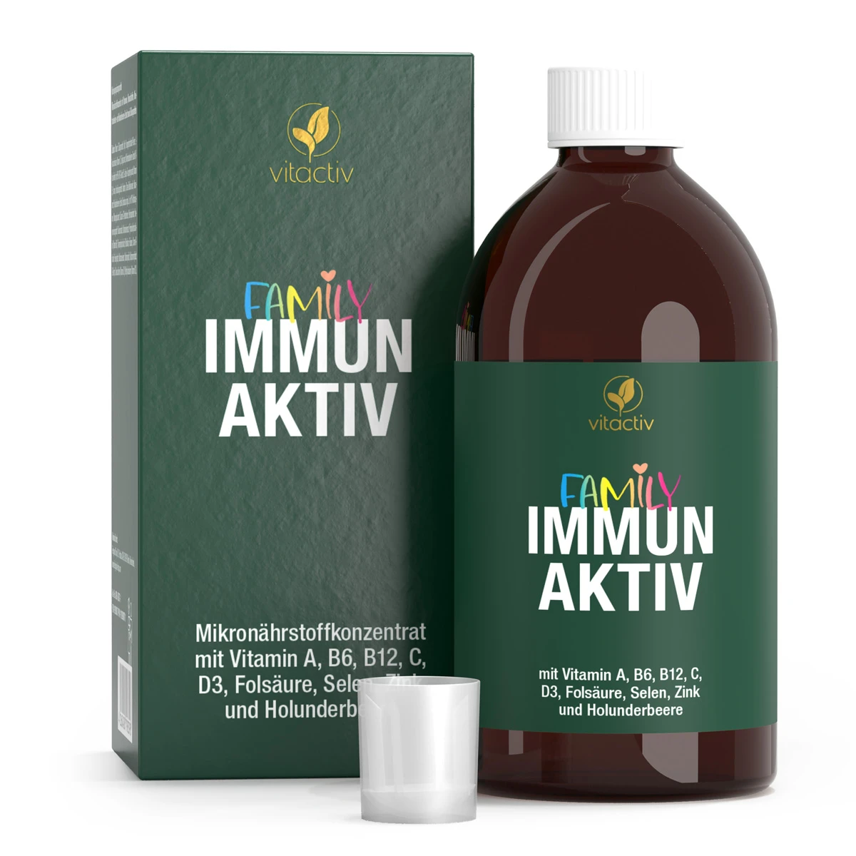 Mikronährstoffkonzentrat FAMILY IMMUN AKTIV von Vitactiv. Hochdosierte Vitamine, Mineralstoffe und Spurenelemente, die das Immunsytem deiner ganzen Familie unterstützen. Das Bild zeigt eine Flasche mit 300 ml Konzentrat neben der Produktverpackung.