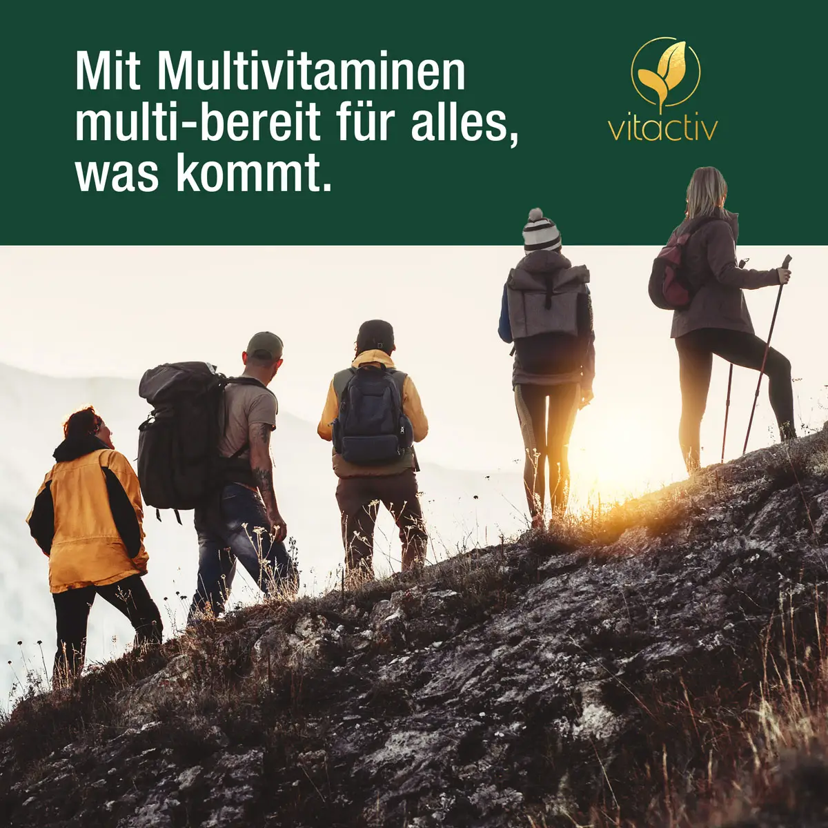 Multivitamine für alle Menschen. Das Bild zeigt eine gemischte Gruppe von Personen, die einen Berg erklimmen.