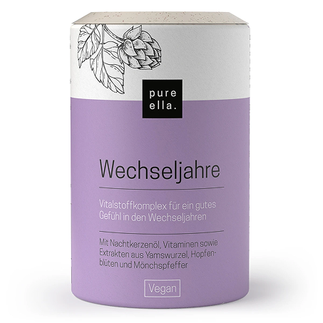 WECHSELJAHRE Kapseln von Pure Ella. Die lilafarbene Dose enthält 60 Kapseln. Der Vorrat der Dose reicht für 30 Tage.