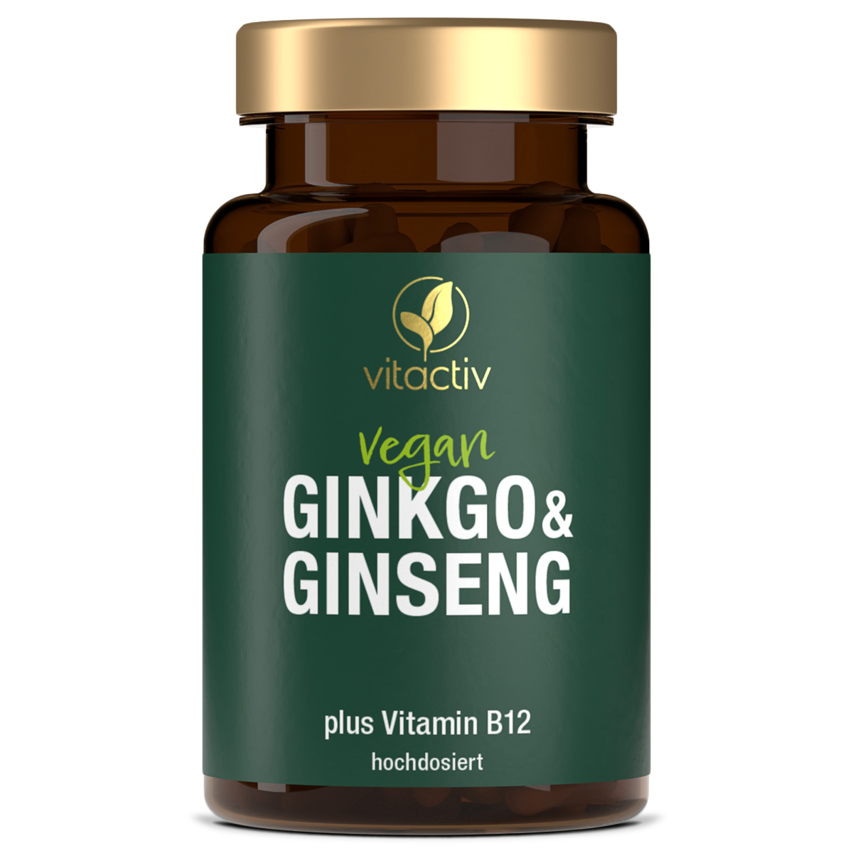 Eine grüne Dose GINKGO & GINSENG Kapseln der Marke Vitactiv. Das Produkt enthält zudem wertvolles Vitamin B12. 60 Kapseln für 30 Tage.