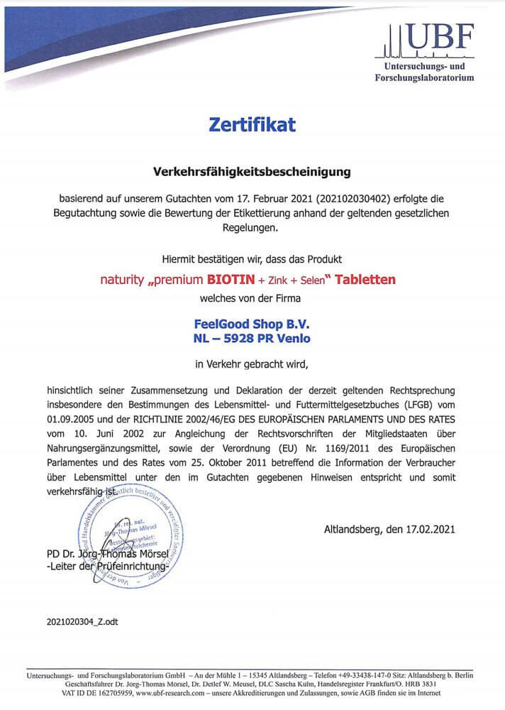 PREMIUM BIOTIN + Zink + Selen Zertifikat
