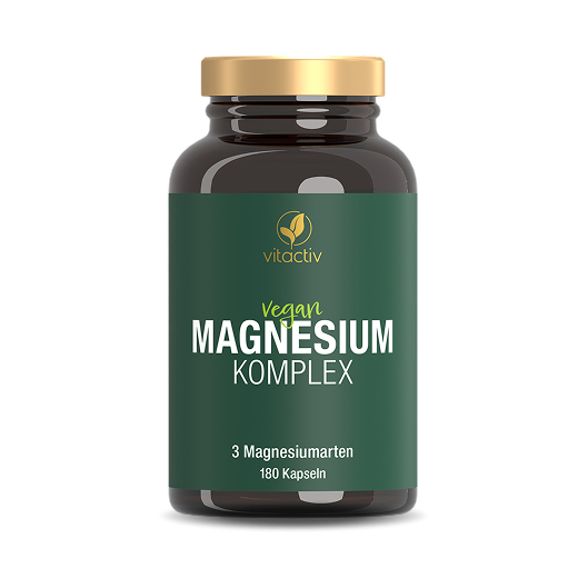 Eine grüne Dose MAGNESIUM KOMPLEX von Vitactiv. Das Produkt enthält drei Magnesiumarten in jeder Kapsel.