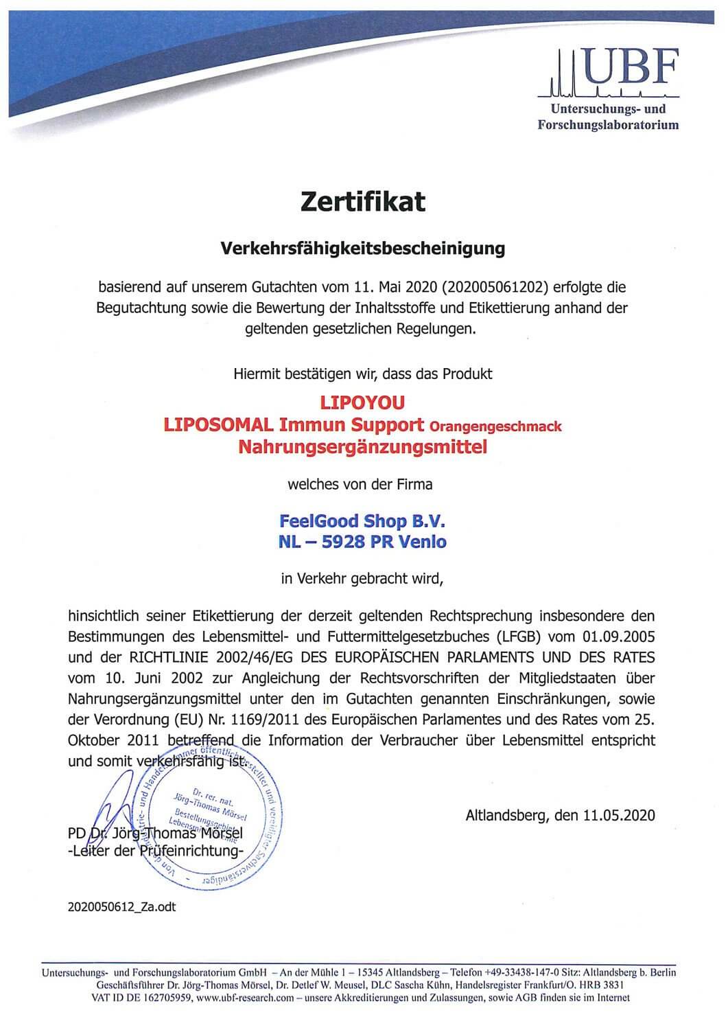 LIPOSOMAL Immun Support Zertifikat