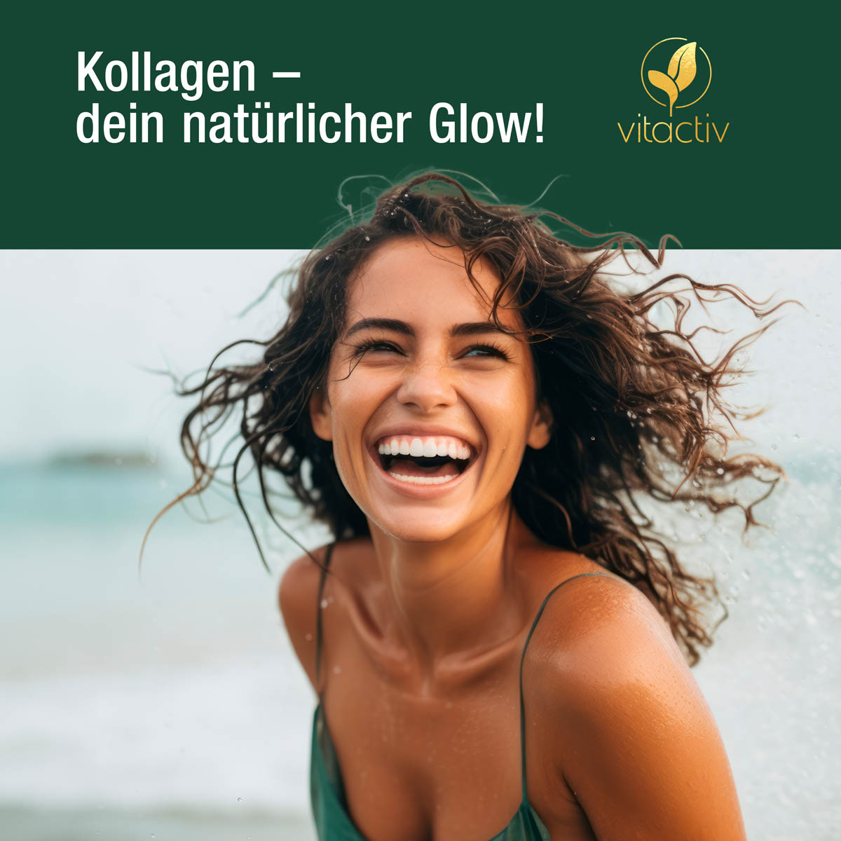 Das Bild zeigt eine junge fröhliche Frau. Sie freut sich darüber, dass das Kollagen den natürlichen Glow ihrer Haut unterstützt.