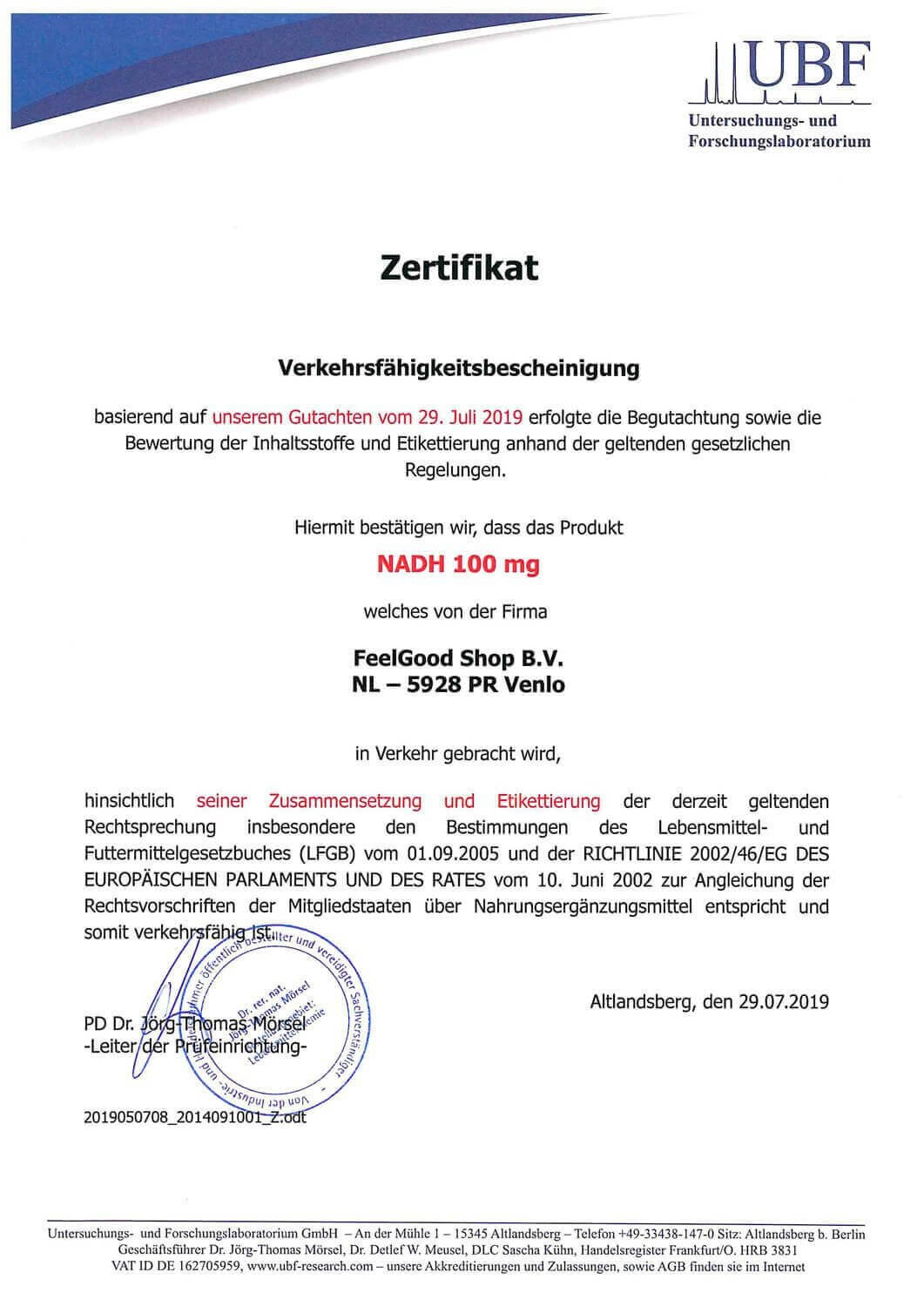 NADH 100 + Ginseng Zertifikat