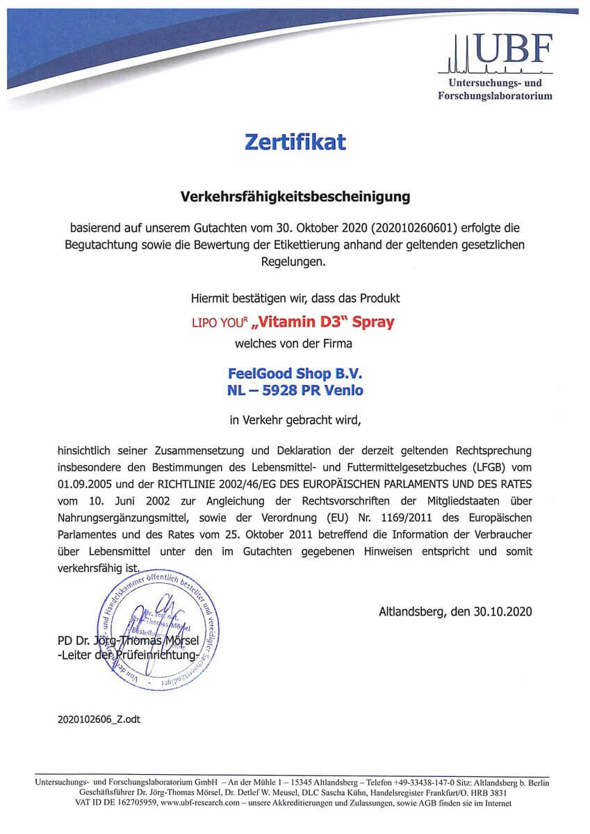 LIPOSOMAL VITAMIN-D3-Spray Zertifikat