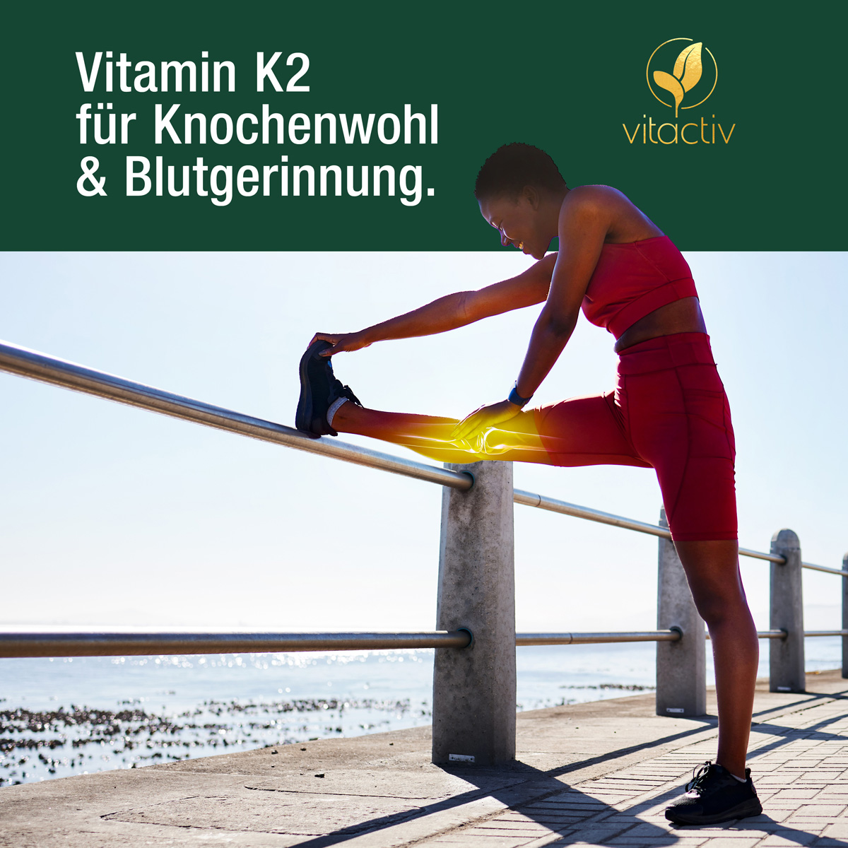 Eine Joggerin macht mit dem rechten Bein Dehnübungen auf einem Geländer. Text: Vitamin K2 für Knochenwohl und Blutgerinnung.